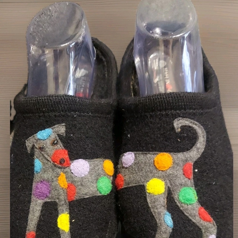 HAFLINGER Women's Wool Slippers Size 41 Black w/Cute Spotted Dog Pure New Wool